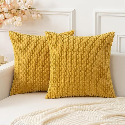 Kevin Textile Throw Pillow Covers Soft Corduroy Decorative Set of 2 Boho Striped Pillow Covers Pillowcases Farmhouse Home Decor for Couch Bed Sofa Living Room 18x18 Inch Mustard Yellow