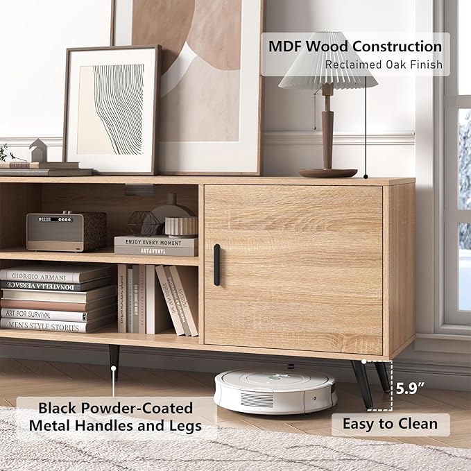 AUXSOUL Mid Century Modern TV Stand - 70" for 75" TV, Wood with Storage, Entertainment Center for Living Room & Bedroom, Media Console, Oak