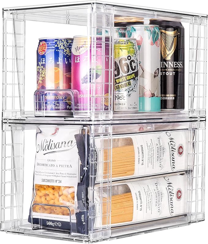 1Pack Large Stackable Kitchen Storage Drawers, Clear Foods Organizer Bins with Handles, Easily Assemble for Bathroom, Kitchen, Pantry, Cabinet, Closet(XL-Down Handle)