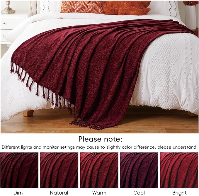 BATTILO HOME Burgundy Chenille Throw Blanket, Decorative Red Knit Throw with Fringe, Lightweight for Christmas Decor, 50"x60"