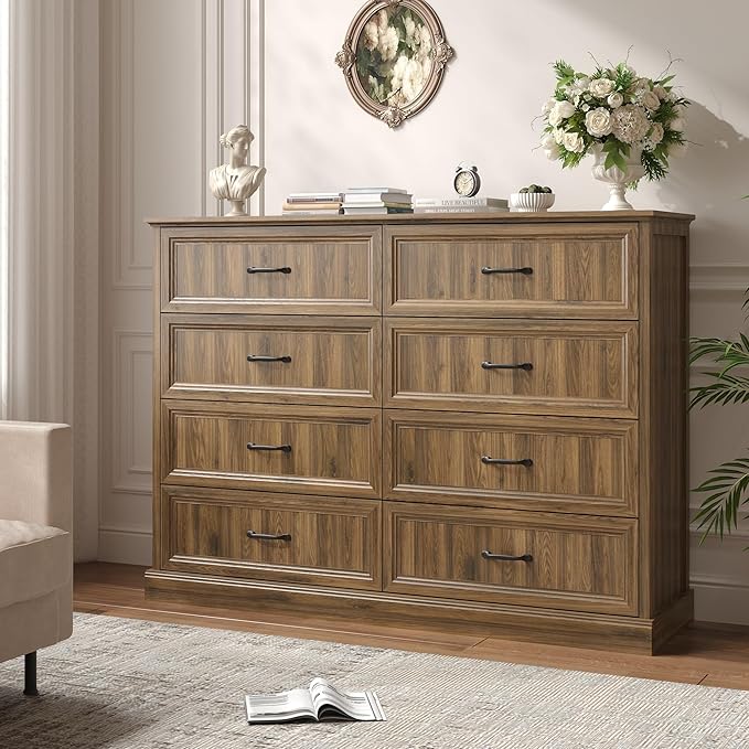 Farmhouse Dresser and Nightstand Sets 3 Piece, Nightstands Set of 2 & 8 Drawers Dresser for Bedroom, 55" Wide and 24" Inch Night Stand Set for Bedroom, Living Room, Hallway, Brown