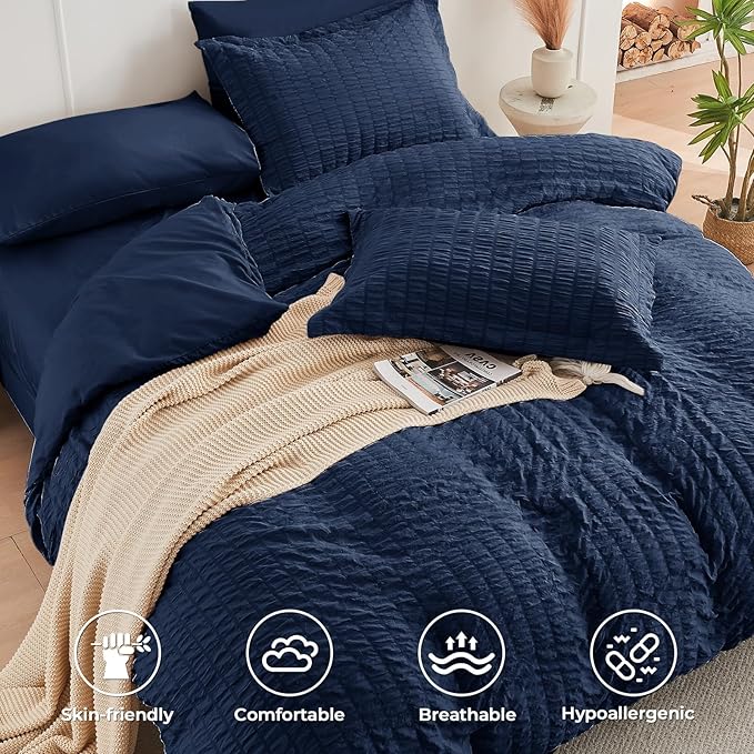 HYMOKEGE Navy Blue California King Comforter Set Seersucker 7 Pieces, All Season Luxury Bed in a Bag for Bedroom, Bedding Set with Comforters, Sheets, Pillowcases & Shams