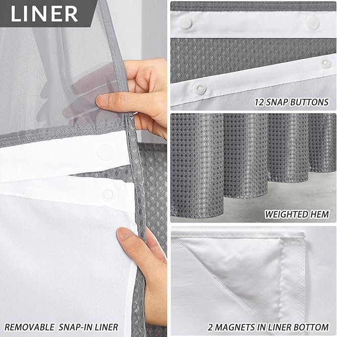 Furlinic No Hook Shower Curtain with Snap in Fabric Liner Set,Waffle Weave Heavy Duty Bathroom Curtain with See Through Window,Waterproof & Machine Washable,Hotel Style,Light Grey,71x72 Inch