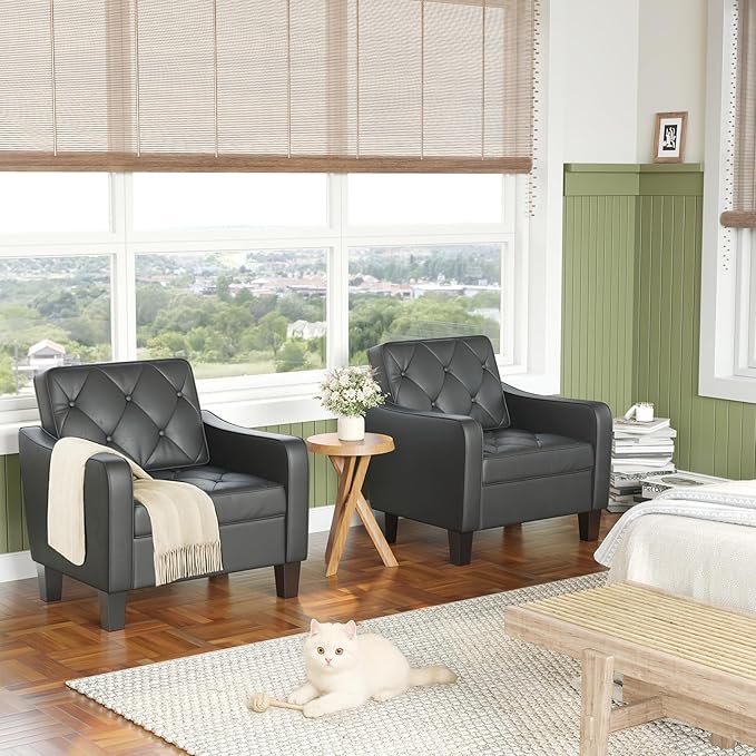 STHOUYN Living Room Chairs Black Leather Accent Chairs Set of 2, Waiting Room Arm Chairs, Reading Chairs for Bedroom Comfy Club Chair Tufted, Office Small Space (2, Black)