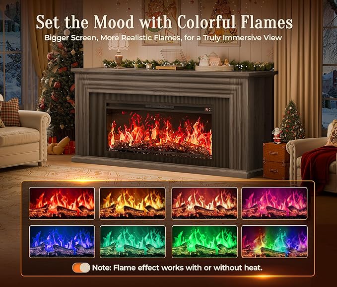 PRAISUN 70'' Fireplace TV Stand with 42'' Electric Fireplace, Farmhouse TV Stand for 65 75 Inch TV, Entertainment Center TV Console with 3 Drawers, Fluted Design, for Living Room, Gray Oak