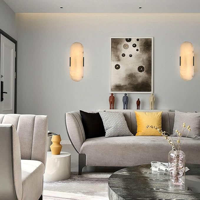 2 Pack 2 Light Natural Oval Alabaster Marble Bathroom 15 Inch Wall Sconce Modern Concise Style Wall Light Fixtures,Dark Gray Finish for Bedroom Hallway Bedside Living Room