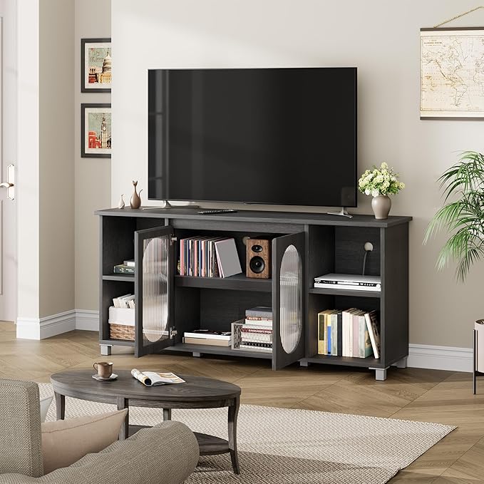 71" Modern Farmhouse TV Stand - Corrugated Glass Door Media Console with 3 Open Shelves, 15" D x 29" H Entertainment Center (Black & Dark Brown)