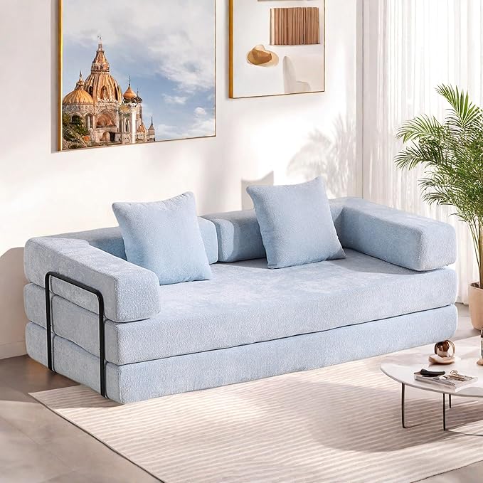 Convertible Sofa Bed, Compression Futon Sofa with Pillows & Armrest, Foldable Mattress Couch with Fixed-Shape Frame, Comfy Couch Lounge Sleeper Bed for Living Room Bedroom, Light Blue