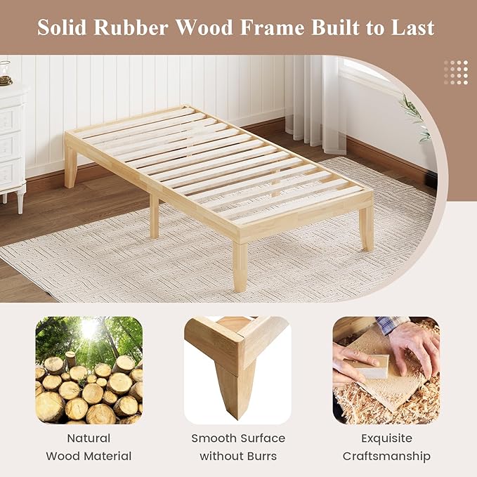 Giantex 14 Inch Twin Wood Platform Bed Frame, Minimalist Style Mattress Foundation with Solid Rubber Wood, Heavy Duty Slat Support, Without Headboard, Easy Assembly, No Box Spring Needed, Natural