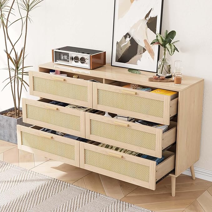 Rattan Dresser for Bedroom, Modern 6 Drawer Double Dresser with Gold Handles, 47" Wide Mid Century Modern Chest of Drawers with Sliding Drawers for Bedroom, Living Room or Hallway (Natural)