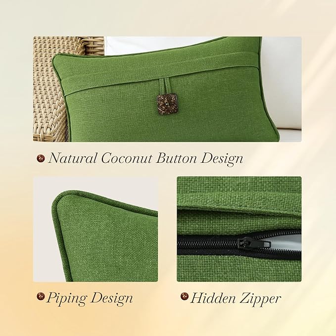 Outdoor Decorative Pillows with Coconut Button Pack of 4, 20" x 12" Outdoor Pillow Set for Couch Bed Throw Patio Sofa, Grass Green