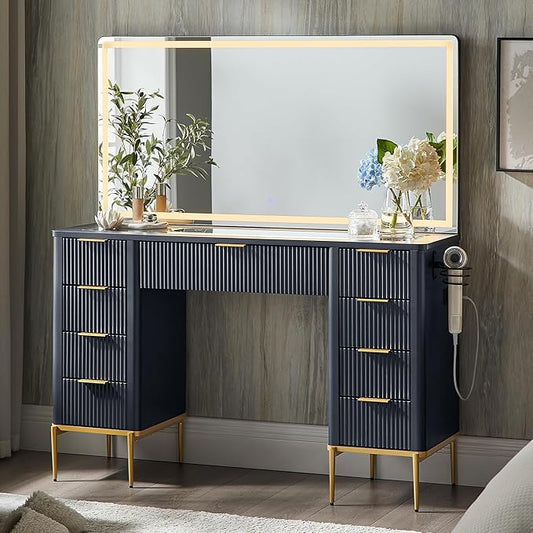 T4TREAM 48" Fluted Makeup Vanity Desk with 48" Large Mirror and HD LED Lights, Modern Vanity Table with 9 Drawers & Charging Station, Glass Top and Golden Handles Dressing Table for Bedroom,Dark Grey