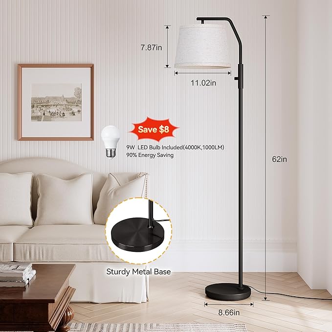 SUNMORY Floor Lamps for Living Room, 9W Bulb Included, Tall Lamp for Bedroom with Adjustable Head, Modern Standing Lamp, 0-100% Dimmable Arc Floor Lamp for Dining Room Office Nursery, Black.