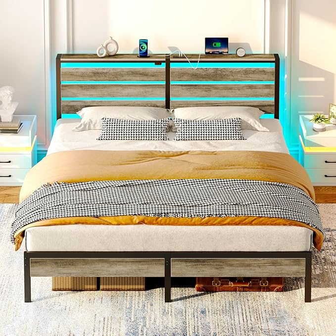 Rolanstar Bed Frame King Size with USB Charging Station, LED Bed Frame with Wood Storage Headboard, Light Grey Metal Platform Bed with Under Bed Storage, No Box Spring Needed, Noise Free