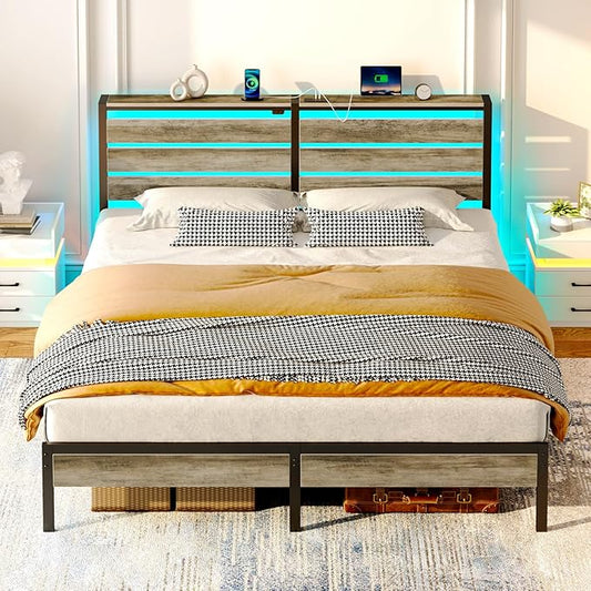 Rolanstar Bed Frame King Size with USB Charging Station, LED Bed Frame with Wood Storage Headboard, Light Grey Metal Platform Bed with Under Bed Storage, No Box Spring Needed, Noise Free