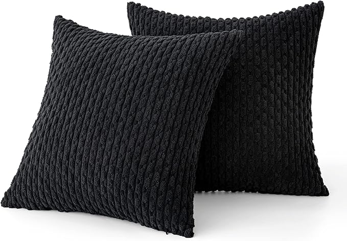 MIULEE Throw Pillow Covers Soft Corduroy Decorative Eruo Sham Set of 2 Boho Striped Pillow Covers Pillowcases Farmhouse Home Decor for Couch Bed Sofa Living Room 24x24 Inch Black