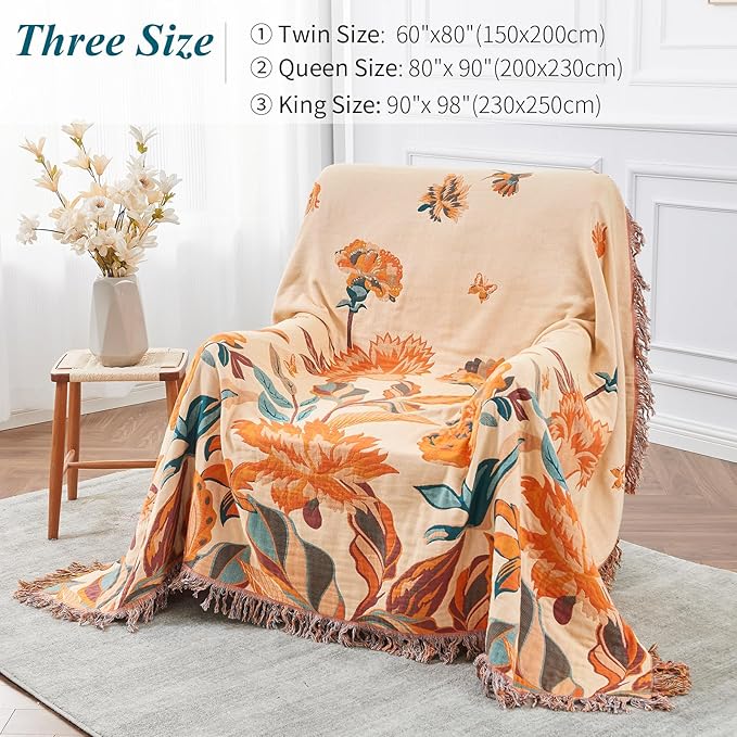 Boho Throw Blanket for Bed-100% Cotton Soft Breathable Farmhouse Decor Boho Quilt for Sofa (Flowers Tulips, 60"x80")