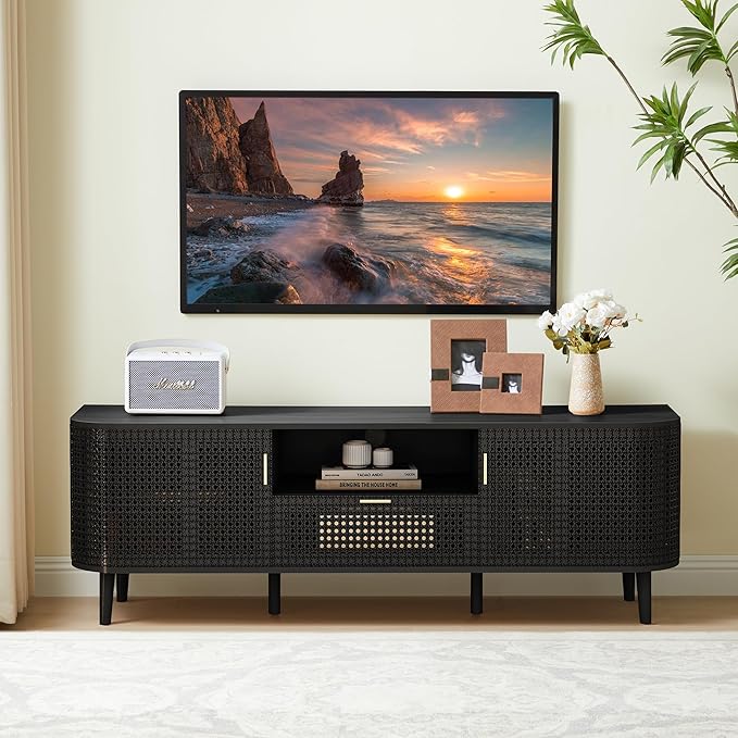 ORRD TV Stand for TVs Up to 65 Inch, Boho Wood Television Stands Media Entertainment Center Console Table with Curved Iron Rattan Doors and Drawer for Living Room - Black