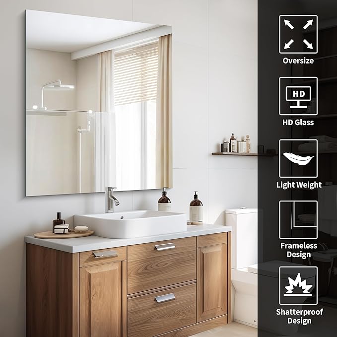 Frameless Mirror, 36x40 inch Bathroom Mirrors for Over Sink, Large Frameless Wall Mirror, Upgraded Shatterproof Vanity Mirror with Polished Edge for Bathroom,Bedroom,Living Room and Entryway