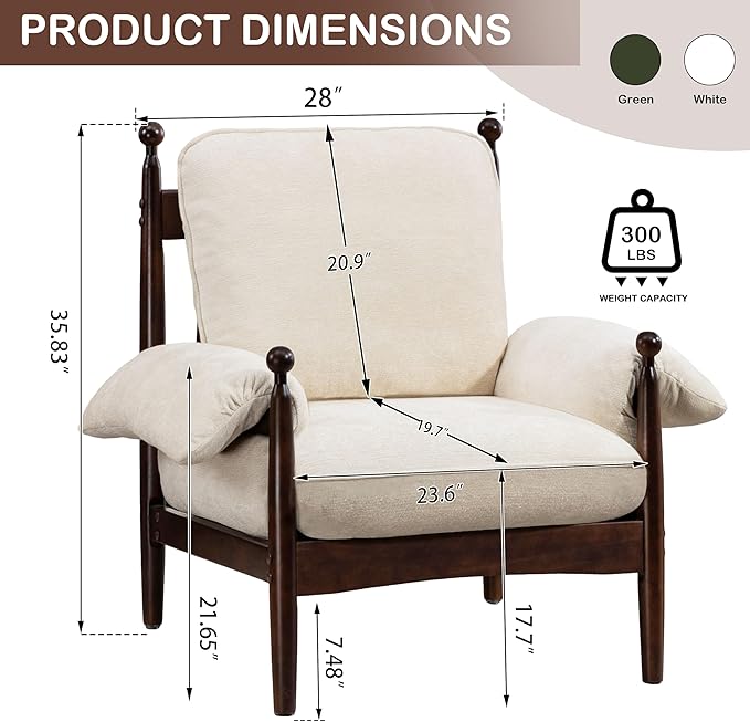 Mid Century Modern Accent Chair with Arms, Upholstered Spindle Chair with Wood Frame, High-Resilience Sponge Cushion for Living Room Bedroom Office