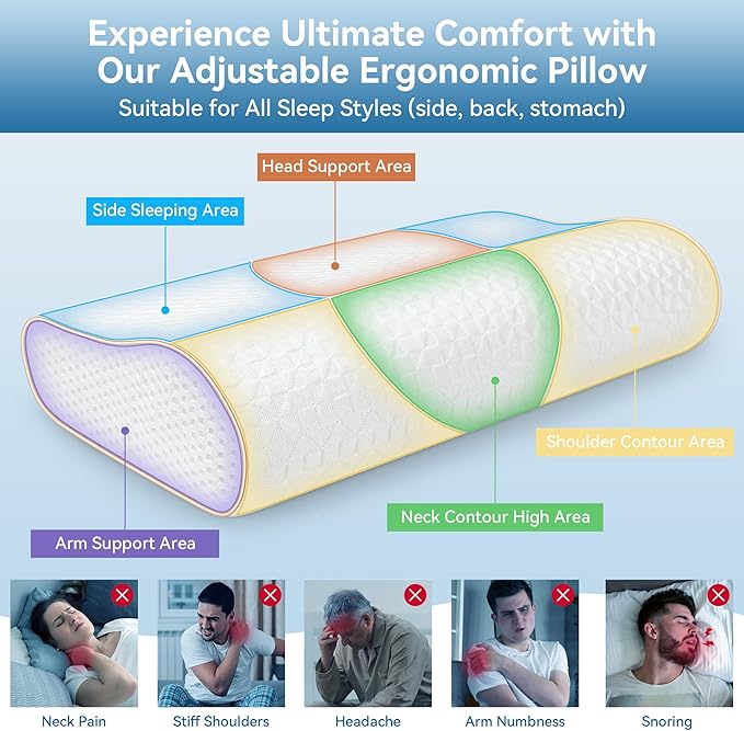 Sandwich Memory Foam Pillow for Sleeping - Ergonomic Cervical Cooling Pillows King Size, Adjustable Contour Pillow for Neck, Bed Pillow for Side, Back & Stomach Sleepers