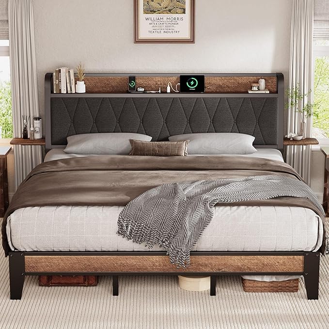 King Size Bed Frame with Side Storage Shelf, Ergonomic Upholstered Headboard with Charging Station, King Platform Bed Frame, Metal Slats Support, No Box Spring Needed, Easy Assembly, Black