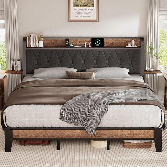 King Size Bed Frame with Side Storage Shelf, Ergonomic Upholstered Headboard with Charging Station, King Platform Bed Frame, Metal Slats Support, No Box Spring Needed, Easy Assembly, Black