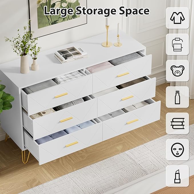 White Dresser for Bedroom, 6 Drawer Dresser with Golden Handles, Wood Modern Double Chest for Hallway, Entryway