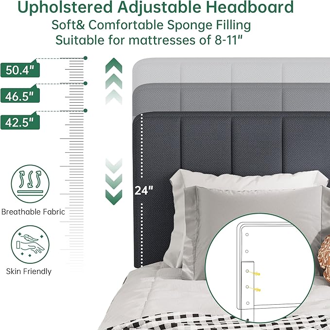 King Size Bed Frame, Upholstered Platform King Bed Frame with Fabric Headboard and Wooden Slats Support,No Box Spring Needed/Non-Slip Without Noise/Easy Assembly, Dark Grey