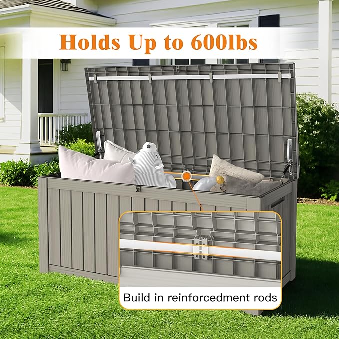 119 Gallon Outdoor Storage Box, Waterproof Deck Box with Handles and Lockable Lid, Resin Patio Storage Box with Hydraulic Rods for Garden Tools, Cushions, Grey