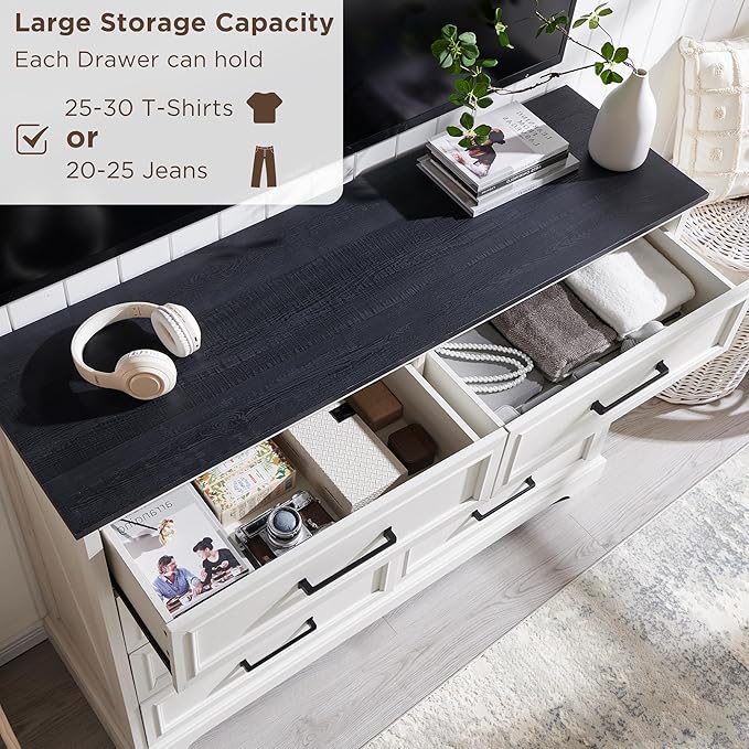 Farmhouse 8 Drawers Dresser Chests for Bedroom,52" Wide Wood Rustic Chest of Drawers with Metal Handle,Natural Texture,Drawer Organizer for Bedroom,Living Room,Hallway and Entryway,White