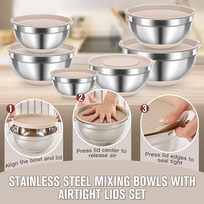 30PCS Mixing Bowls with Lids Set, Stainless Steel Nesting Bowls with Graters, Non-Slip Silicone Bottom, Large Khaki Bowls 7QT to 1QT & 21 Measuring Cups and Spoons Great for Mixing, Baking, Serving