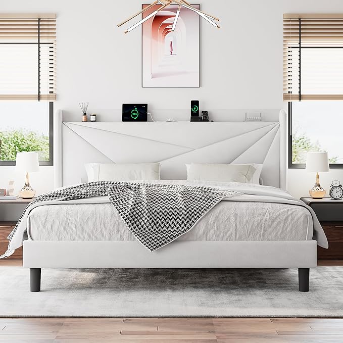 King Size Upholstered Bed Frame with Charging Station, Platform Bed Frame with Storage Headboard, Solid Wood Slats Support, No Box Spring Needed, White