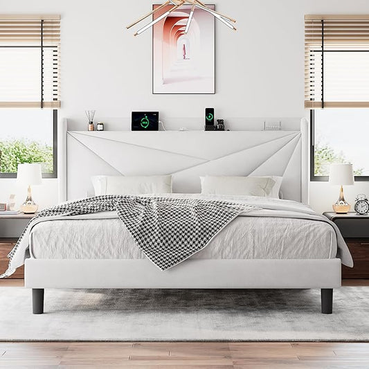 King Size Upholstered Bed Frame with Charging Station, Platform Bed Frame with Storage Headboard, Solid Wood Slats Support, No Box Spring Needed, White