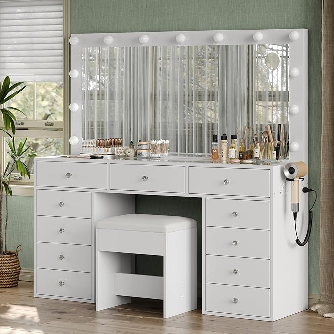 11 Drawers Vanity Desk, 55'' W Makeup Vanity with Power Outlet, Vanity Table with Mirror and 13 LED Bulbs, 3 Color Lighting Modes, Glass Top, Dressing Table for Bedroom