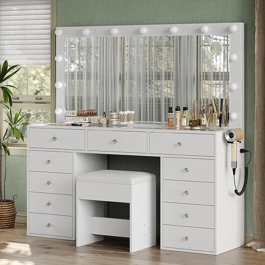 11 Drawers Vanity Desk, 55'' W Makeup Vanity with Power Outlet, Vanity Table with Mirror and 13 LED Bulbs, 3 Color Lighting Modes, Glass Top, Dressing Table for Bedroom