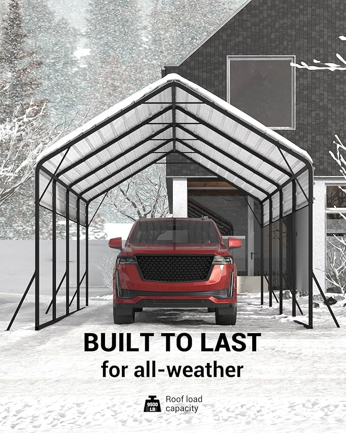 13'x21'x11' Oversized Metal Carport, Steel Heavy Duty Carport for All-Weather, Permanent Shelter for Bass Boats, Pickup Trucks, and Tractors, N.W. 660 Lbs