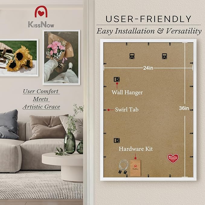 24x36 Poster Frame 4 Pack, Textured White Solid Wood Picture Frame, Wall Hanging
