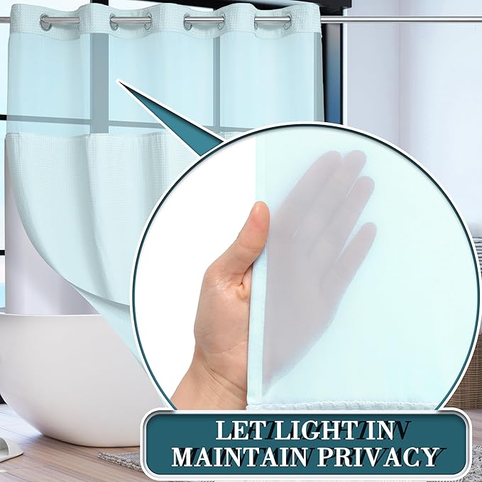 Conbo Mio No Hook Waffle Weave Shower Curtain with Snap in Liner Set, Hotel Luxury Blue Shower Curtains for Bathroom with See Through Top Window, Waterproof, Washable 71W x 74H