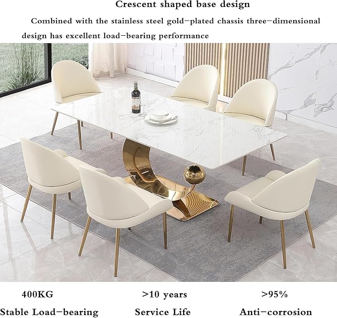 Dining Table, White Sintered Stone Tabletop Dining Room Table, Modern Striped Base Marble Tables for Dining Room Set for 6-8