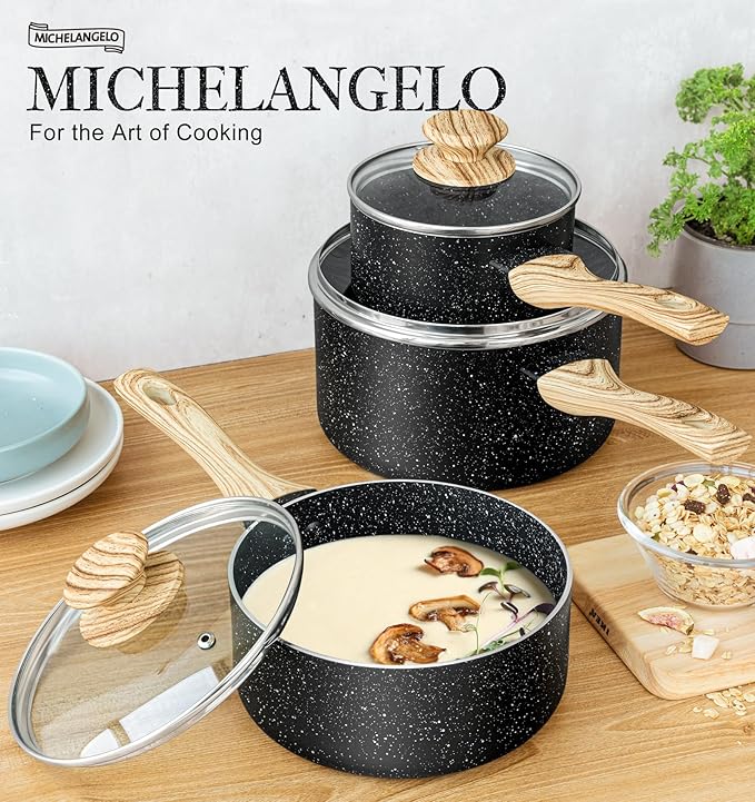 MICHELANGELO 3 Quart Saucepan with Lid, Nonstick Sauce Pan with Lid, Small Sauce Pot, Granite Coating Sauce Pan 3 Quart, Non Stick Stone Pot with Ergonomic Bakelite Handle