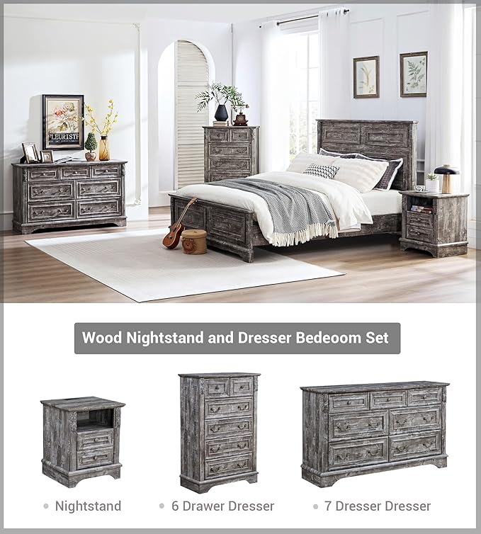 Farmhouse 7 Drawers Dresser, Dressers for Bedroom, 54" Wide Wood Rustic Chest of Drawers with Carved Pilasters, Storage Organizer, Living Room, Hallway, Light Gray
