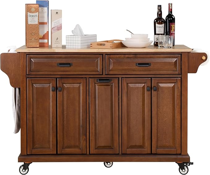 Cambridge Mobile Kitchen Island on Wheels with Storage and Wood top, Rolling Island with Spice Rack and Towel Holder, L60.5 x W18.13 x H36.75IN Island Table for Kitchen, (Mahogany)