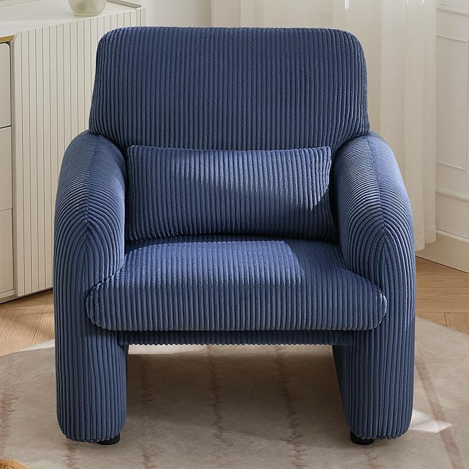 Corduroy Fabric Accent Chairs Set of 2, Modern Upholstered Living Room Chairs with Lumbar Pillow, Wide Comfy Leisure Armchair for Bedroom, Office, Reading, Blue