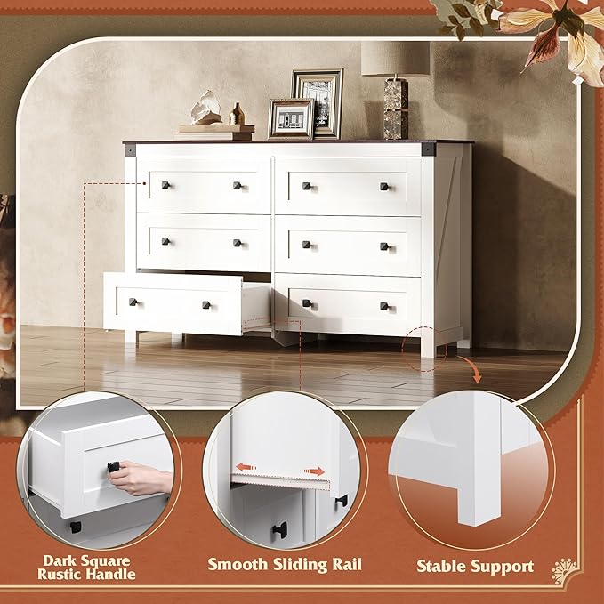 WLIVE Farmhouse 6 Drawer Dresser for Bedroom, 53.07'' Wide Wood Dresser, White Dressers Storage Organizer with Double Rustic Handle, TV Stand for 60 inch TV, Chest of Drawers for Living Room, Hallway