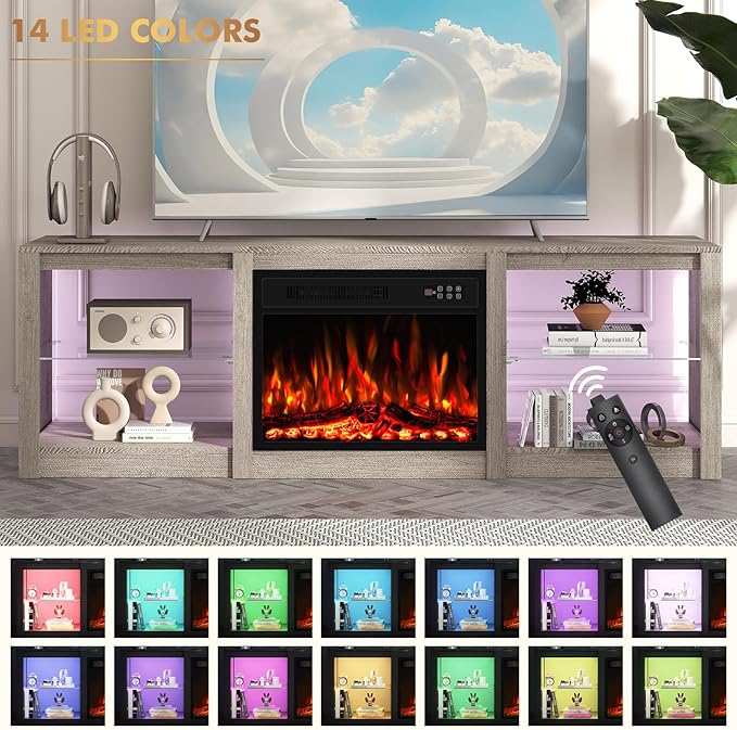 Ludatido 70 Inch Fireplace TV Stand with 23" Fireplace Insert, Entertainment Center with 14-Color LED Lights, Open Storage, Adjustable Glass Shelves, Gray TV Stand for Living Room Fits up to 80" TVs