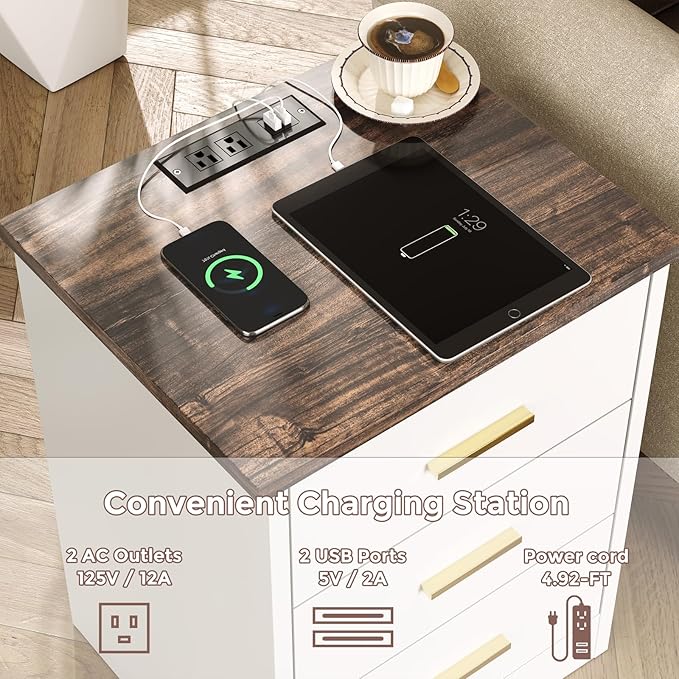 LIDYUK White Dresser for Bedroom, 3 Drawer Dressers & Chest of Drawers, Modern Wood Dresser with Charging Station, End Table Nightstand Bedside Table for Bedroom, Living Room