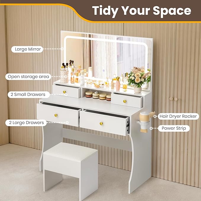Pamapic Vanity Desk with Mirror and Lights,4 Drawers Golden Handles Makeup Vanity with Storage Stool,Power Outlet,3 Lighting Modes,Silent Slides