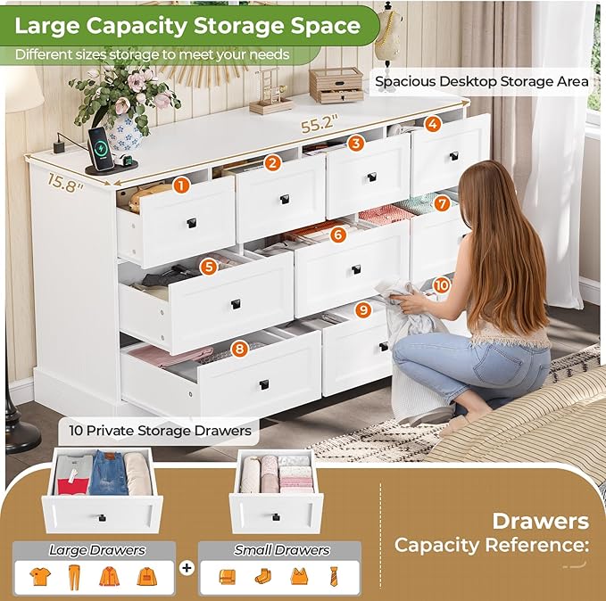 Hasuit White Dresser for Bedroom with 10 Drawers, 55.2" Long Drawer Dresser with Charging Station, Farmhouse Dresser Chest of Drawers, Large Wooden Storage Tower Organizer, Dresser for Bedroom Closet