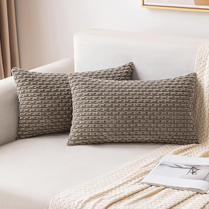 MIULEE Throw Pillow Covers Soft Corduroy Decorative Set of 2 Boho Striped Pillow Covers Pillowcases Farmhouse Home Decor for Couch Bed Sofa Living Room 12x20 Inch Brown